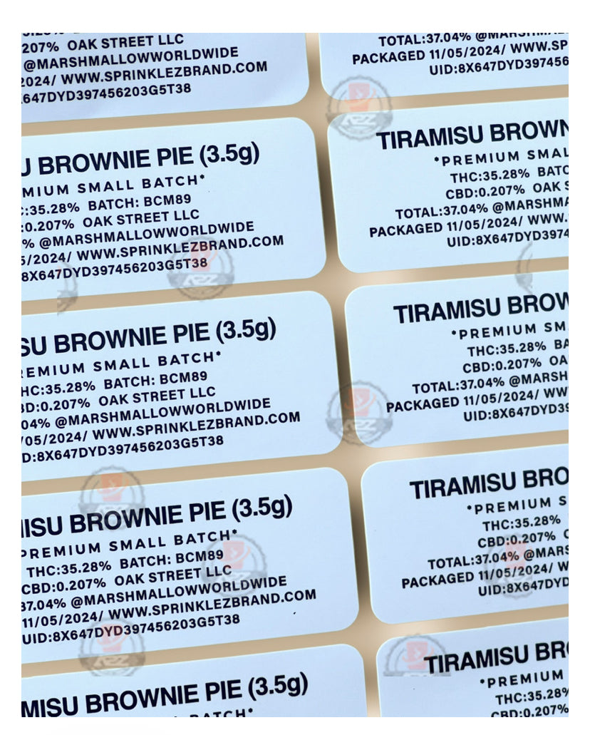 Sprinklez Tiramisu Brownie Pie 3.5G Mylar Bags -With stickers and label