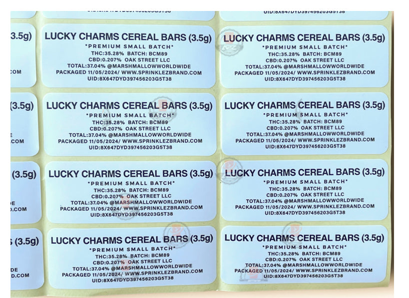 Sprinklez Lucky Charms Cereal Bars 3.5G Mylar Bags -With stickers and label